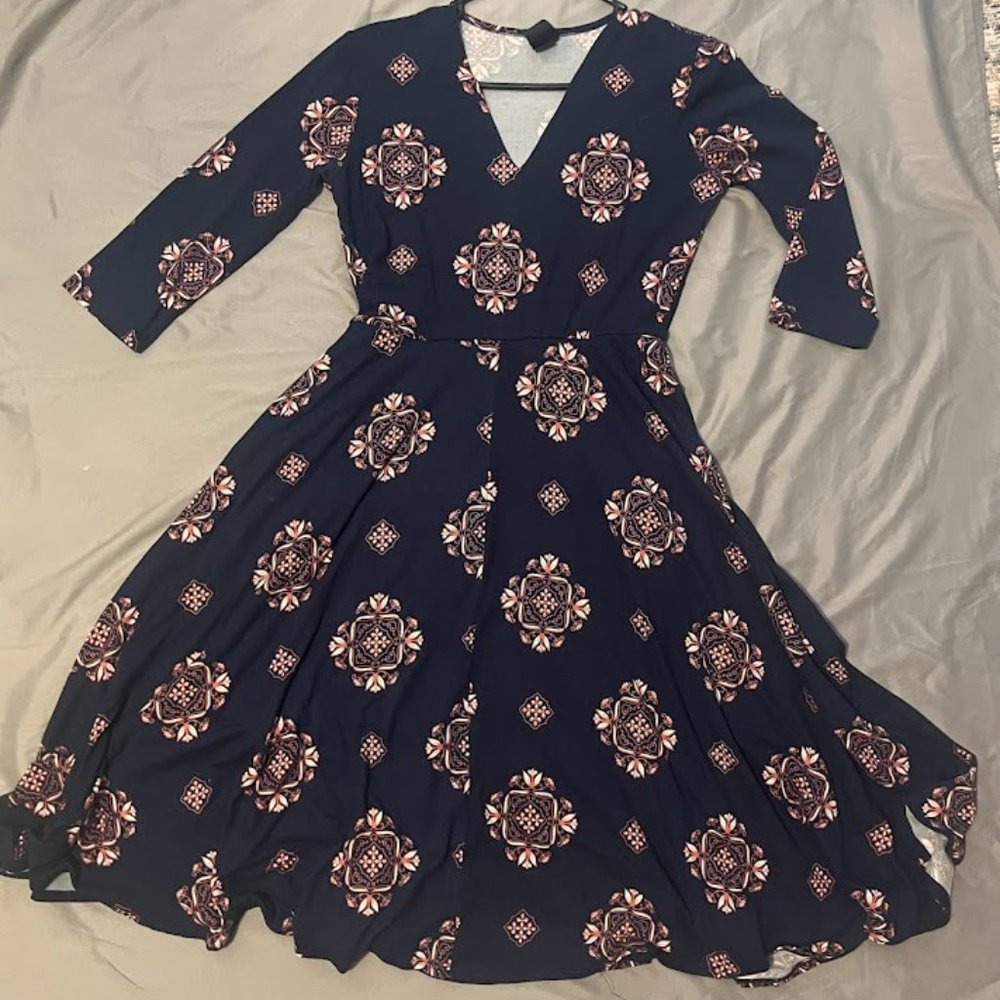 Agnes and Dora Curie Dress Navy Blue with Pink Floral Pattern